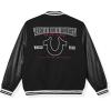 True Religion Boys Varsity Jacket – Stylish Button Front Jacket with Faux Leather Sleeves(Black-white)