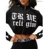 True Religion Cropped Velour Track Zip Up Hoodie for Women – Cozy Cropped Hoodie(Jet Black)