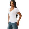 True Religion Crystal Buddha V Neck Tee for Women – Graphic Short Sleeve Cotton Blend Top(Optic White)