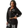 True Religion Crystal Logo Crop Zip Hoodie for Women – Cozy Fleece-Lined Cotton Blend(Jet Black)