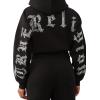True Religion Crystal Logo Crop Zip Hoodie for Women – Cozy Fleece-Lined Cotton Blend(Jet Black)