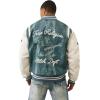 True Religion Denim Print Retro Varsity Jacket for Men – Streetwear Men’s Jacket with Embroidery & Patch Details(Denim / Winter Wht)