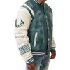 True Religion Denim Print Retro Varsity Jacket for Men – Streetwear Men’s Jacket with Embroidery & Patch Details(Denim / Winter Wht)