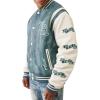 True Religion Denim Print Retro Varsity Jacket for Men – Streetwear Men’s Jacket with Embroidery & Patch Details(Denim / Winter Wht)