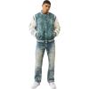 True Religion Denim Print Retro Varsity Jacket for Men – Streetwear Men’s Jacket with Embroidery & Patch Details(Denim / Winter Wht)