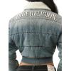 True Religion Denim Puffer Jacket for Women | Cropped Winter Jacket with Snap Hood, Logo Applique
