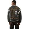 True Religion Men’s Retro PU Varsity Jacket – Faux Leather Letterman Bomber with Logo Patches(Jet Black)