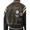True Religion Men’s Retro PU Varsity Jacket – Faux Leather Letterman Bomber with Logo Patches(Jet Black)