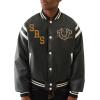 True Religion Men’s Retro PU Varsity Jacket – Faux Leather Letterman Bomber with Logo Patches(Jet Black)
