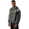 True Religion Men’s Retro PU Varsity Jacket – Faux Leather Letterman Bomber with Logo Patches(Jet Black)