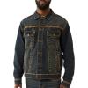 True Religion Men’s Super T Flatlock Trucker Jacket – Contrast Stitch Denim Jacket with Logo(Greenland Dark Wash)