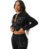 True Religion Shrunken Women’s Cropped Zip Up Hoodie – Big T Stitching & Iconic Horseshoe Logo(Jet Black)