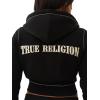 True Religion Shrunken Women’s Cropped Zip Up Hoodie – Big T Stitching & Iconic Horseshoe Logo(Jet Black)