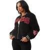 True Religion Varsity Chenille Bomber Women’s Jacket | Winter Coat for Women with Bold Patches & Snap Buttons(Jet Black)