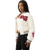 True Religion Varsity Chenille Bomber Women’s Jacket | Winter Coat for Women with Bold Patches & Snap Buttons(Winter White)