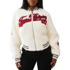 True Religion Varsity Chenille Bomber Women’s Jacket | Winter Coat for Women with Bold Patches & Snap Buttons(Winter White)