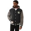 True Religion Varsity Hooded Puffer Jacket for Men – Warm Lightweight Winter Outerwear with Logo Patches(Jet Black / Granite Grey)
