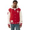 True Religion Varsity Hooded Puffer Jacket for Men – Warm Lightweight Winter Outerwear with Logo Patches(Tr-v Red / Winter White)