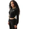 True Religion Velour Crystal Shrunken Women’s Zip Up Hoodie – Cropped Fit, Crystal Horseshoe Logo(Jet Black)