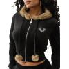True Religion Velour Crystal Shrunken Women’s Zip Up Hoodie – Cropped Fit, Crystal Horseshoe Logo(Jet Black)