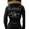 True Religion Velour Crystal Shrunken Women’s Zip Up Hoodie – Cropped Fit, Crystal Horseshoe Logo(Jet Black)