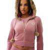 True Religion Velour Crystal Shrunken Women’s Zip Up Hoodie – Cropped Fit, Crystal Horseshoe Logo(Nostalgia Rose)