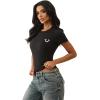 True Religion Women Crystal Crew Neck Tee – Soft Cotton Blend T-Shirt with Metallic & Crystal Logo(Jet Black)