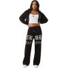 True Religion Women’s Crystal Wide Leg Sweatpants – Soft Cotton Blend, Flared Hem, Crystal Logo(Jet Black)