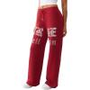 True Religion Women’s Crystal Wide Leg Sweatpants – Soft Cotton Blend, Flared Hem, Crystal Logo(Rhubarb Red)