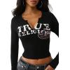 True Religion Women’s Ribbed V-Notched Long Sleeve Tee – Crew Neck, Raglan Sleeves(Jet Black)