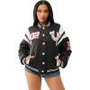 True Religion Women’s TR Satin Oversized Varsity Bomber Jacket – Jet Black | Zip-Up Bomber with Ribbed Cuffs(Jet Black)