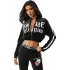 True Religion Cropped Velour Track Zip Up Hoodie for Women – Cozy Cropped Hoodie(Jet Black)