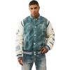 True Religion Denim Print Retro Varsity Jacket for Men – Streetwear Men’s Jacket with Embroidery & Patch Details(Denim / Winter Wht)