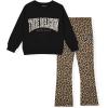 True Religion Girls 2 Piece Legging Sets – Fleece Sweatshirt & Bootcut Leggings Outfit, Glitter Print Design (Sizes 4-14)(Black Leopard)