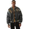 True Religion Men’s Retro PU Varsity Jacket – Faux Leather Letterman Bomber with Logo Patches(Jet Black)
