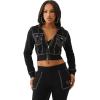 True Religion Shrunken Women’s Cropped Zip Up Hoodie – Big T Stitching & Iconic Horseshoe Logo(Jet Black)