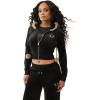 True Religion Velour Crystal Shrunken Women’s Zip Up Hoodie – Cropped Fit, Crystal Horseshoe Logo(Jet Black)
