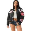 True Religion Women’s TR Satin Oversized Varsity Bomber Jacket – Jet Black | Zip-Up Bomber with Ribbed Cuffs(Jet Black)