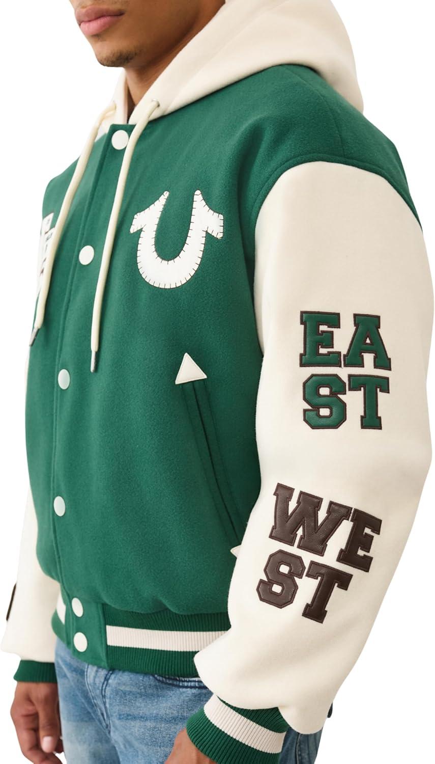 imageTrue Religion Mens Retro Wool Varsity Jacket Classic Letterman Bomber with Logo PatchesEvergreen Winter White