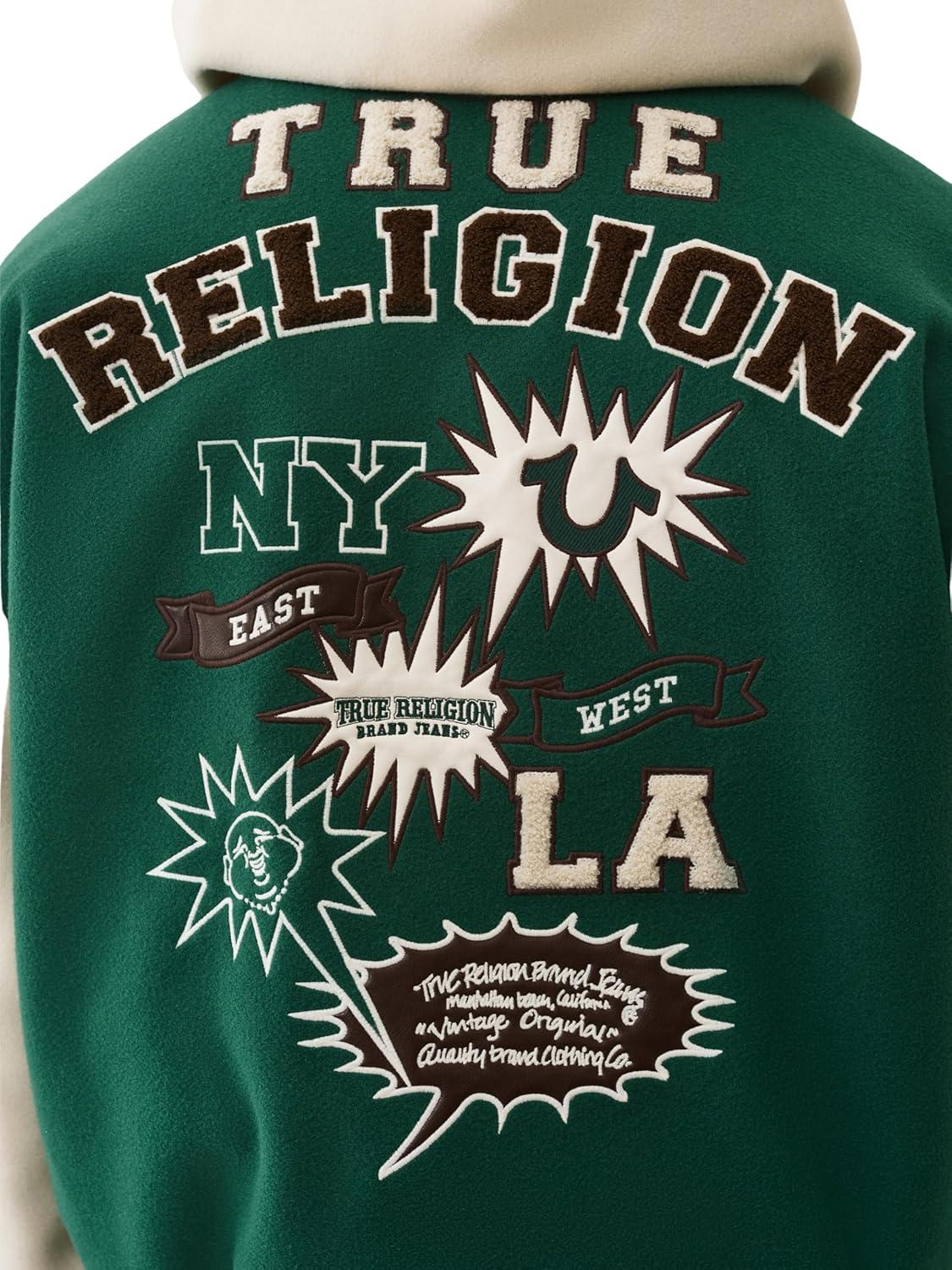 imageTrue Religion Mens Retro Wool Varsity Jacket Classic Letterman Bomber with Logo PatchesEvergreen Winter White