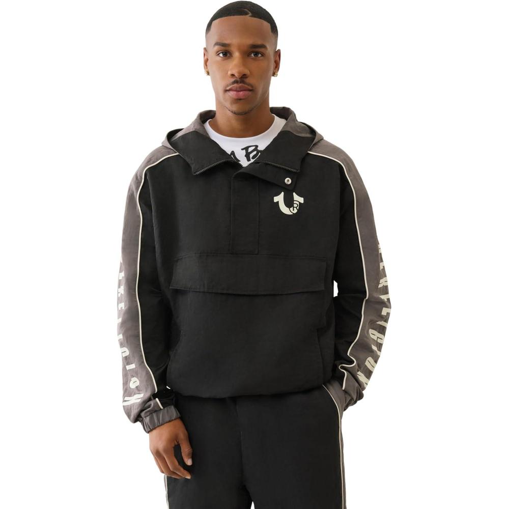 imageTrue Religion Mens Colorblock Anorak Jacket  Lightweight Pullover Windbreaker with HoodJet BlackImperial Blue