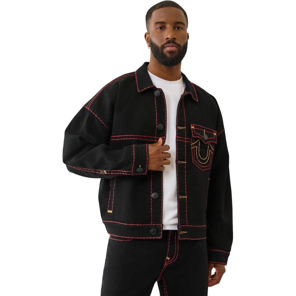 imageTrue Religion Mens Super T Cropped Denim Jacket  Distressed Trucker with Contrast StitchingBlack Rinse