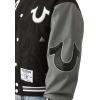 True Religion Men’s Boxy Varsity Jacket – Snap Front Bomber Style with Embroidered Logos(Jet Black/ Granite Grey)