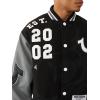 True Religion Men’s Boxy Varsity Jacket – Snap Front Bomber Style with Embroidered Logos(Jet Black/ Granite Grey)