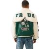 True Religion Men’s Retro Wool Varsity Jacket – Classic Letterman Bomber with Logo Patches(Evergreen/ Winter White)