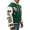 True Religion Men’s Retro Wool Varsity Jacket – Classic Letterman Bomber with Logo Patches(Evergreen/ Winter White)