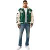 True Religion Men’s Retro Wool Varsity Jacket – Classic Letterman Bomber with Logo Patches(Evergreen/ Winter White)