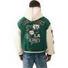 True Religion Men’s Retro Wool Varsity Jacket – Classic Letterman Bomber with Logo Patches(Evergreen/ Winter White)