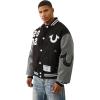 True Religion Men’s Boxy Varsity Jacket – Snap Front Bomber Style with Embroidered Logos(Jet Black/ Granite Grey)