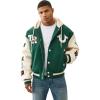 True Religion Men’s Retro Wool Varsity Jacket – Classic Letterman Bomber with Logo Patches(Evergreen/ Winter White)